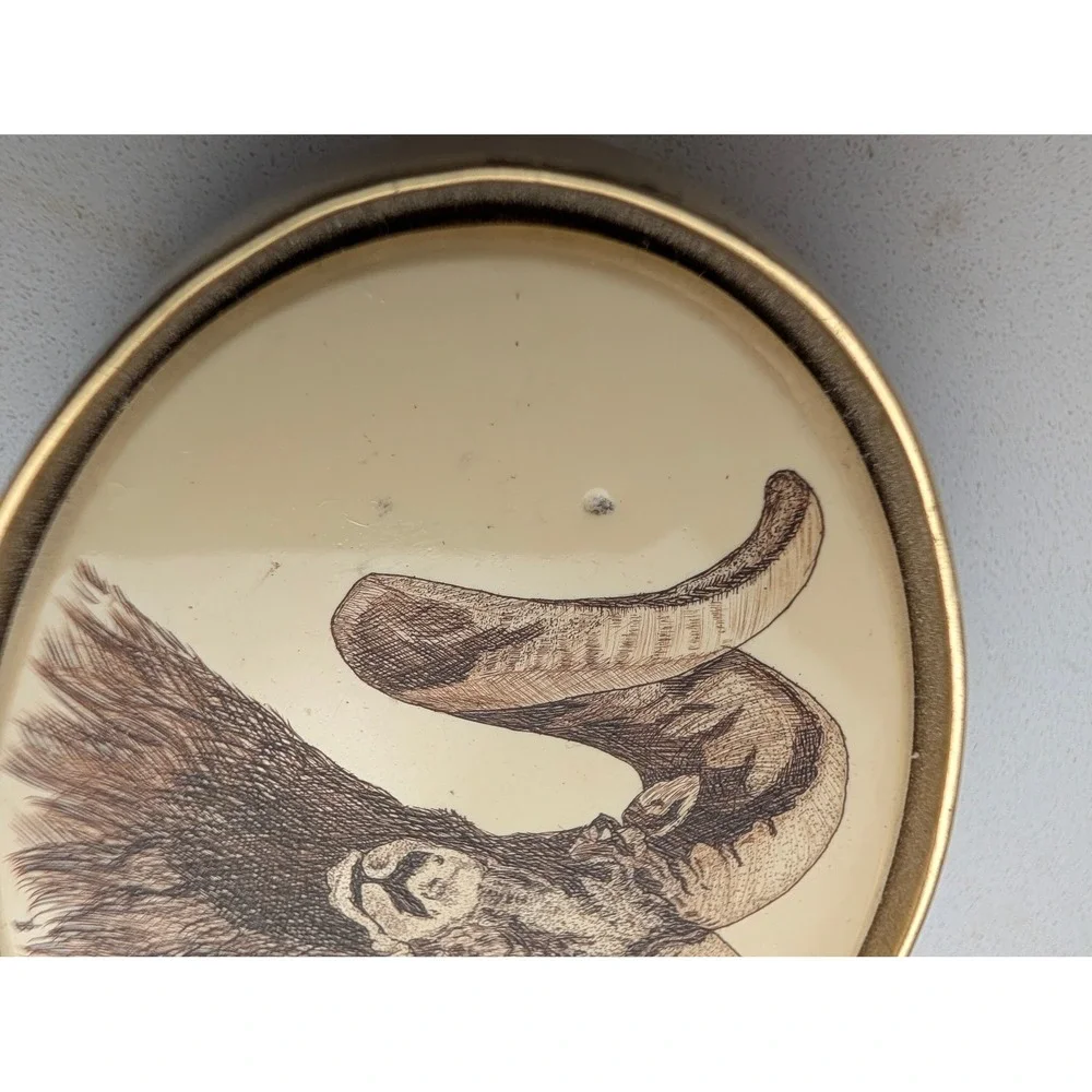 Vintage 1983 Barlow Solid Brass Bighorn Ram Scrimshaw Belt Buckle Made in USA